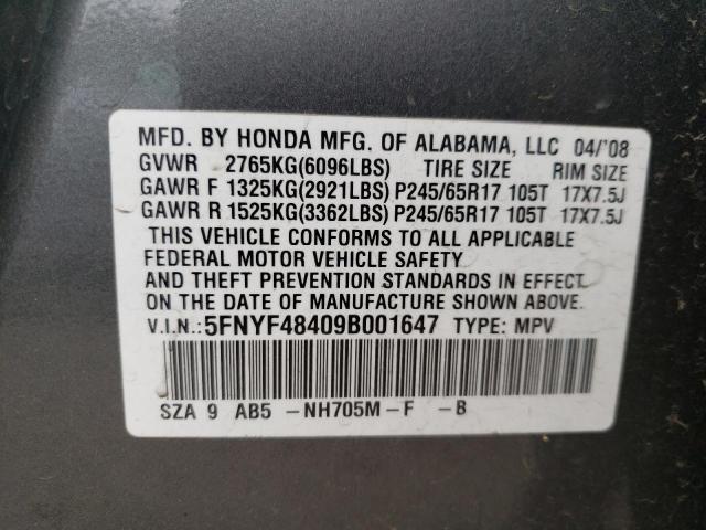 Photo 9 VIN: 5FNYF48409B001647 - HONDA PILOT EX 