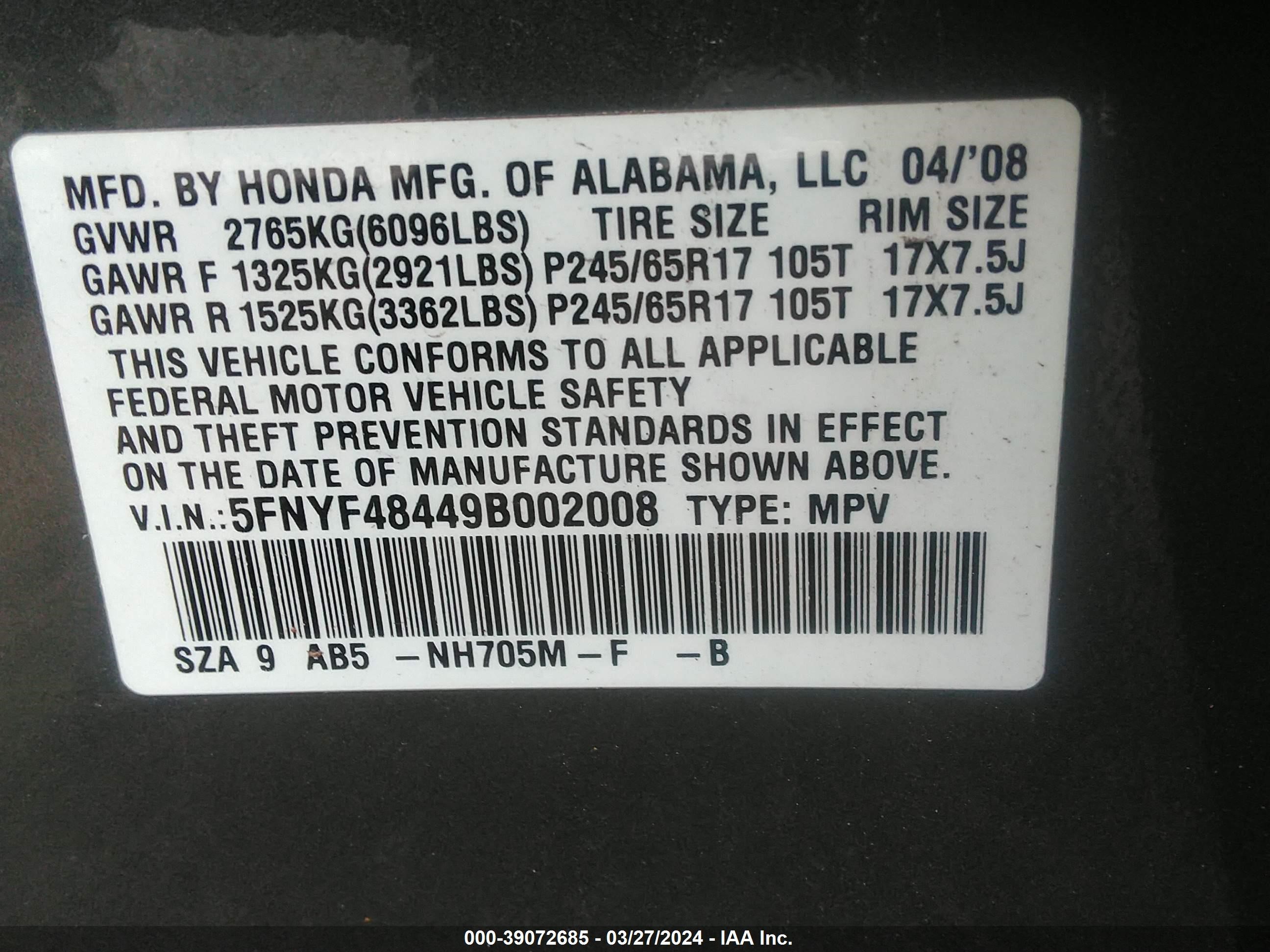 Photo 8 VIN: 5FNYF48449B002008 - HONDA PILOT 