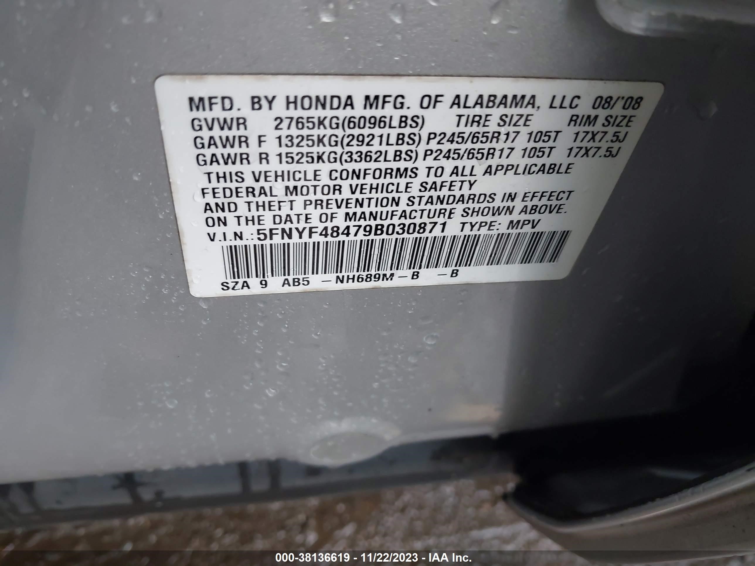 Photo 8 VIN: 5FNYF48479B030871 - HONDA PILOT 