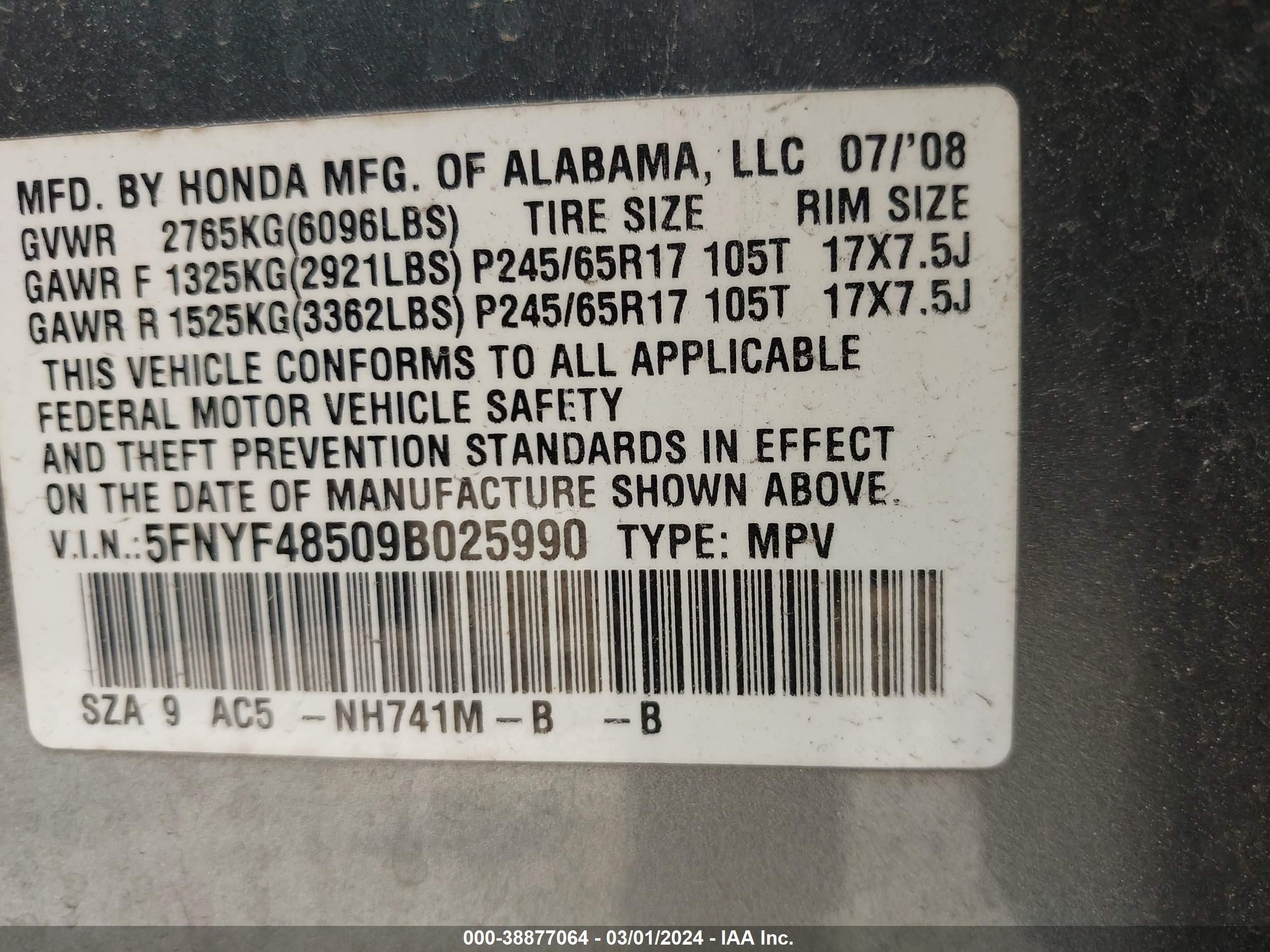 Photo 8 VIN: 5FNYF48509B025990 - HONDA PILOT 