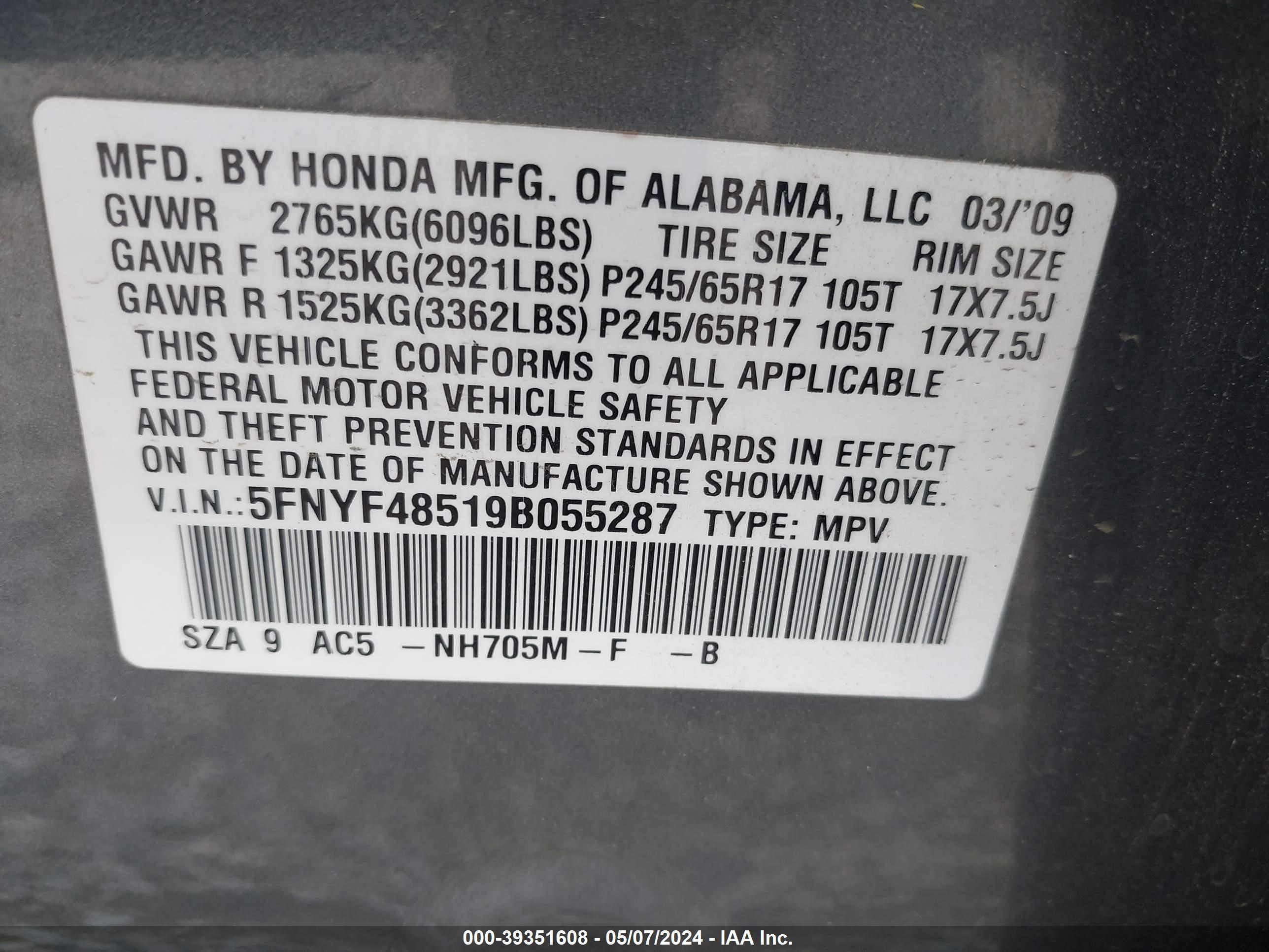 Photo 8 VIN: 5FNYF48519B055287 - HONDA PILOT 