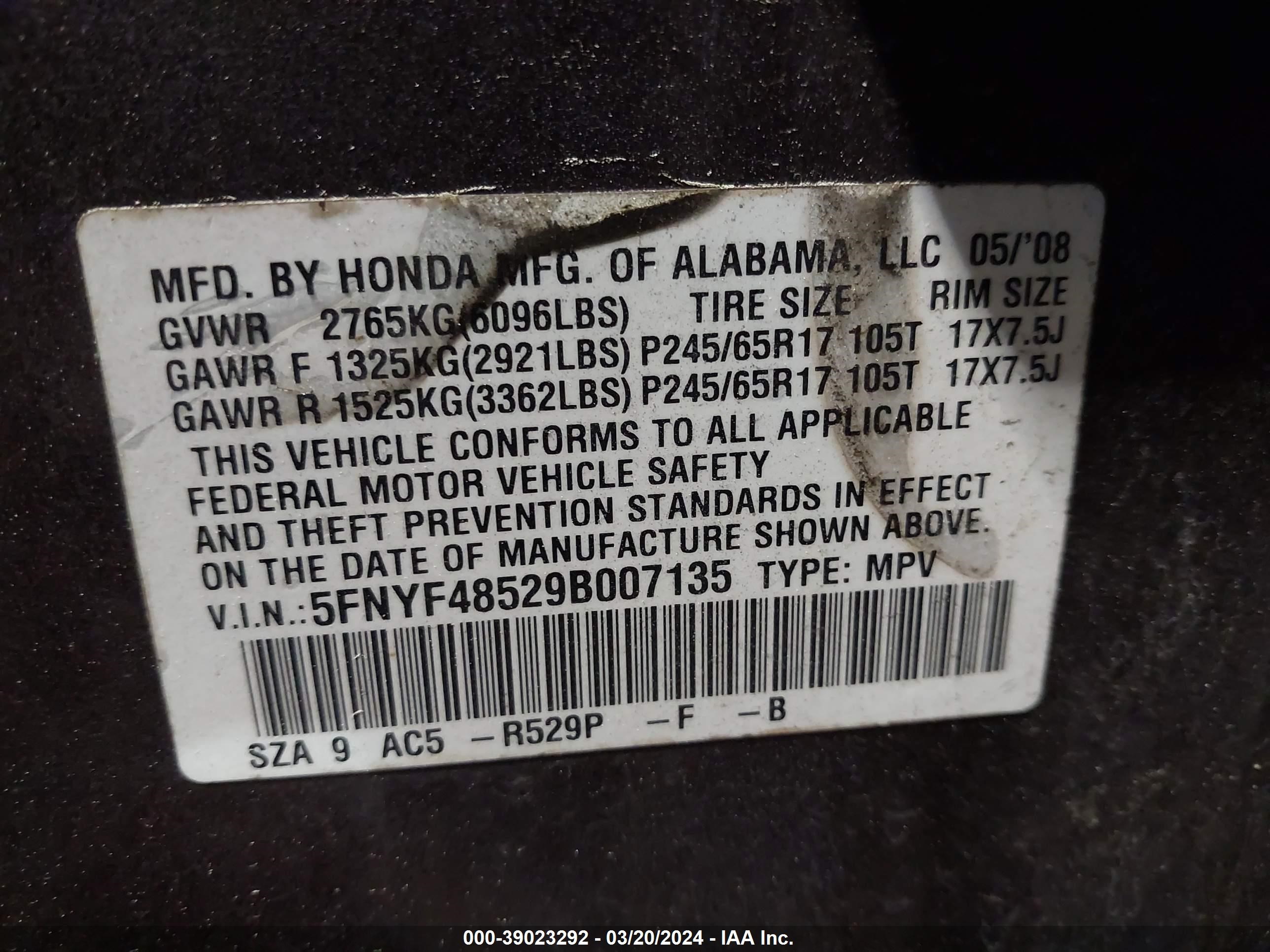 Photo 8 VIN: 5FNYF48529B007135 - HONDA PILOT 