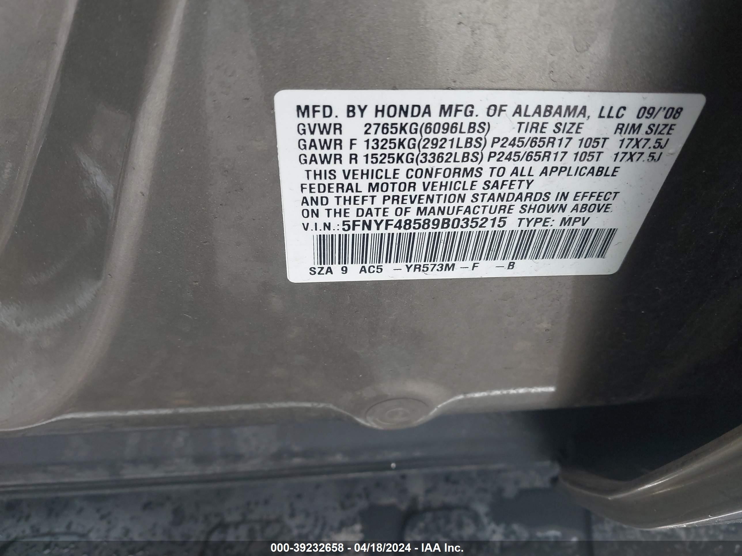 Photo 8 VIN: 5FNYF48589B035215 - HONDA PILOT 