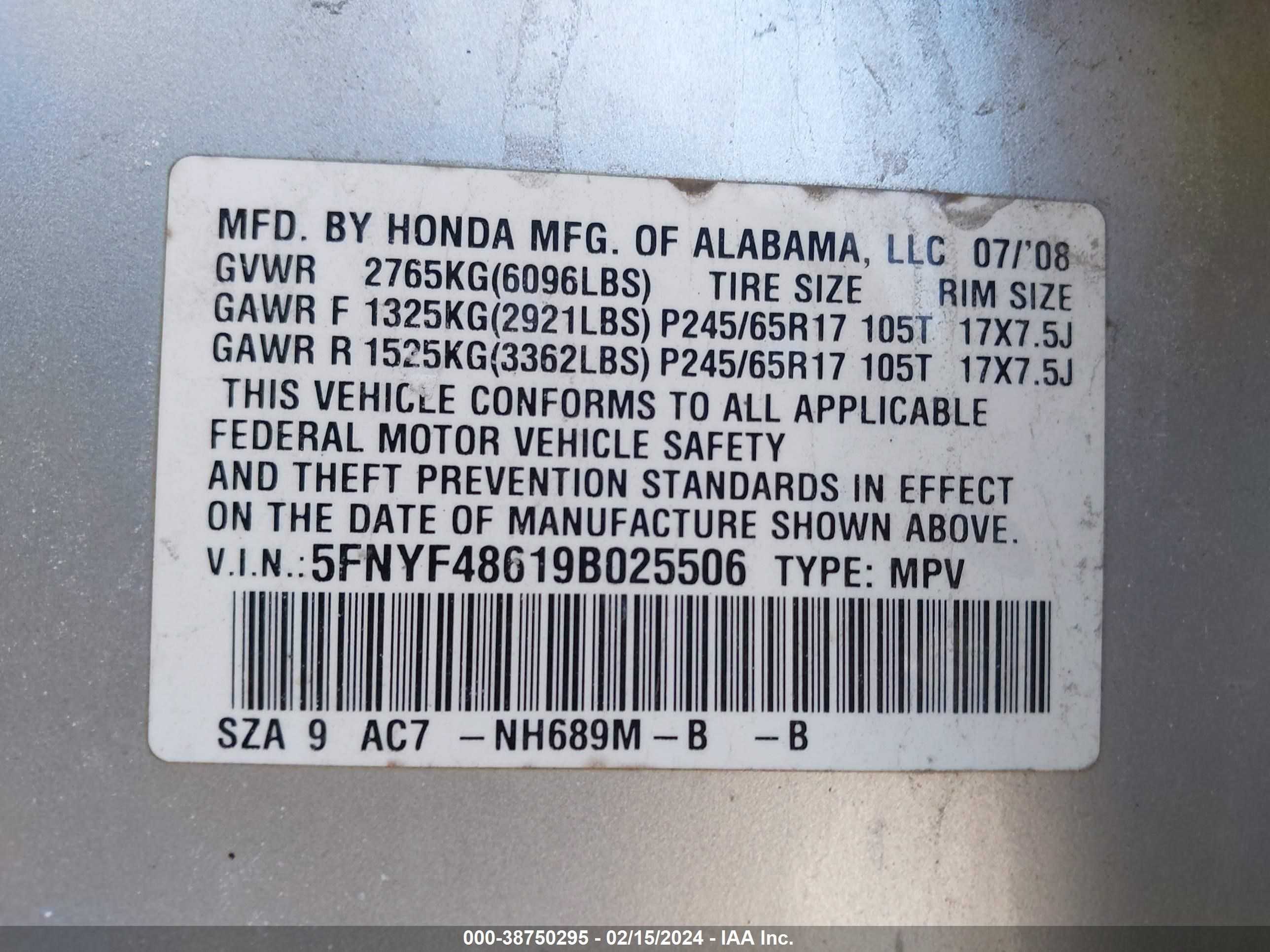 Photo 8 VIN: 5FNYF48619B025506 - HONDA PILOT 