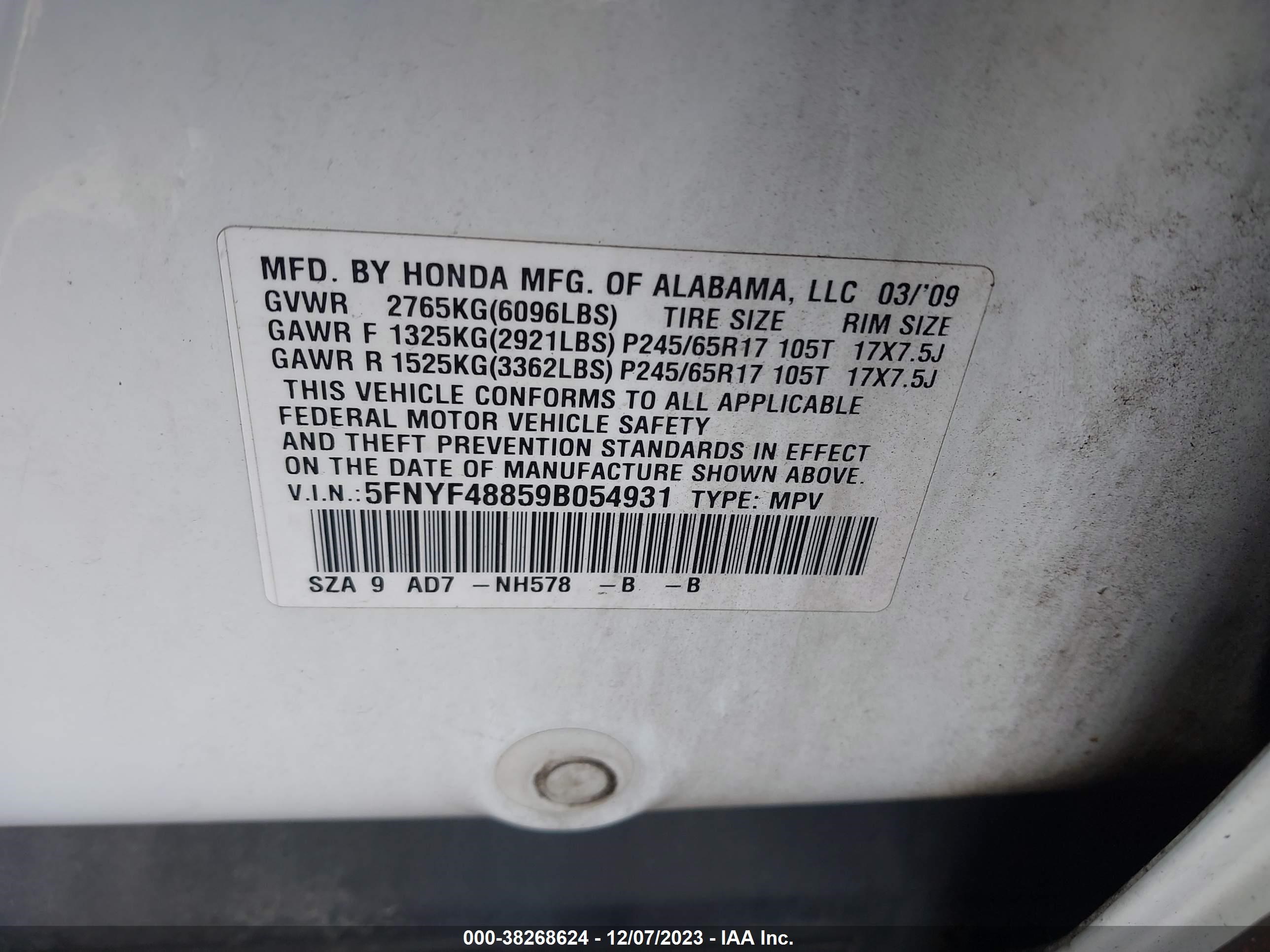 Photo 8 VIN: 5FNYF48859B054931 - HONDA PILOT 