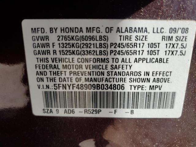 Photo 12 VIN: 5FNYF48909B034806 - HONDA PILOT 