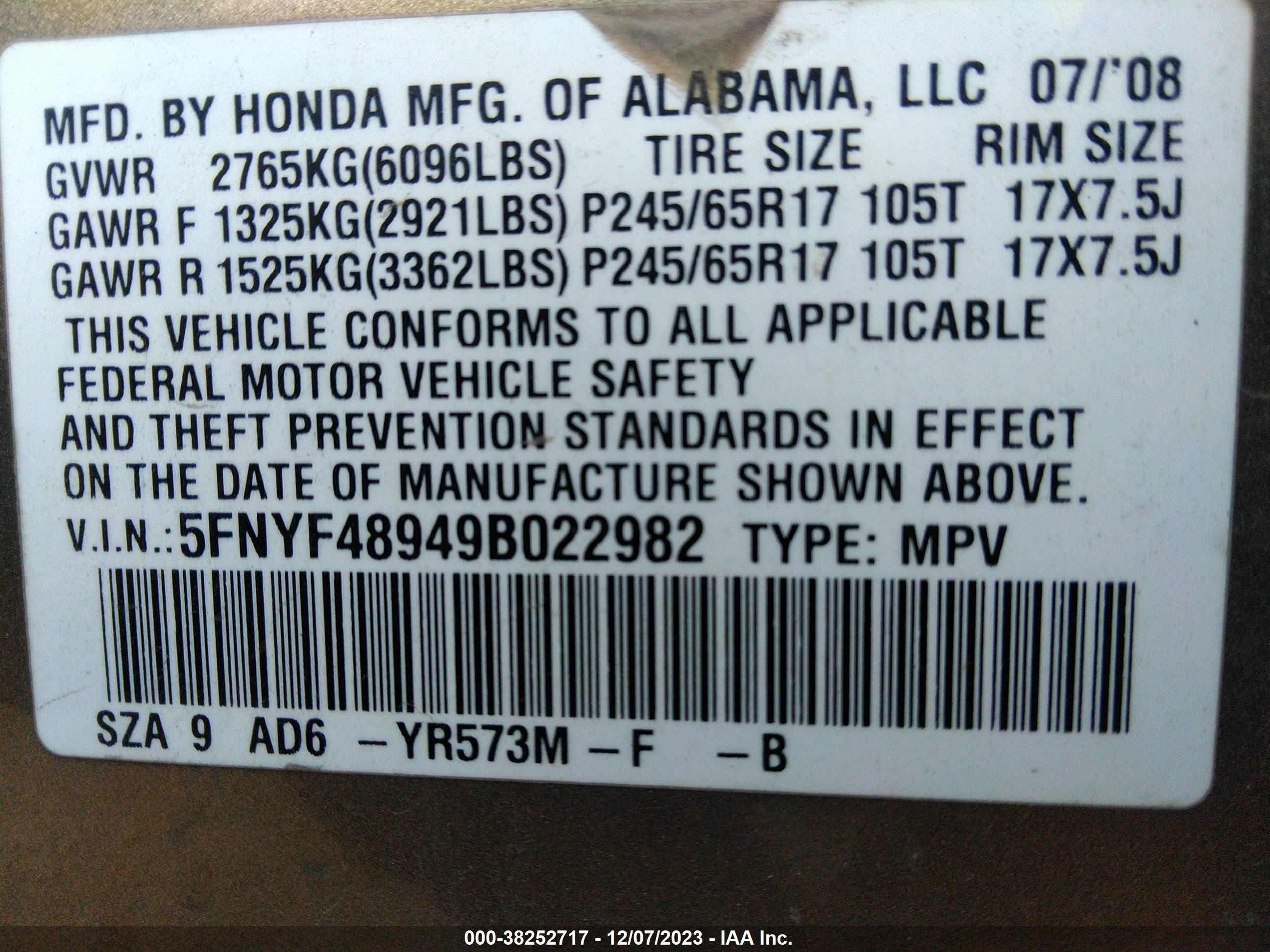 Photo 8 VIN: 5FNYF48949B022982 - HONDA PILOT 