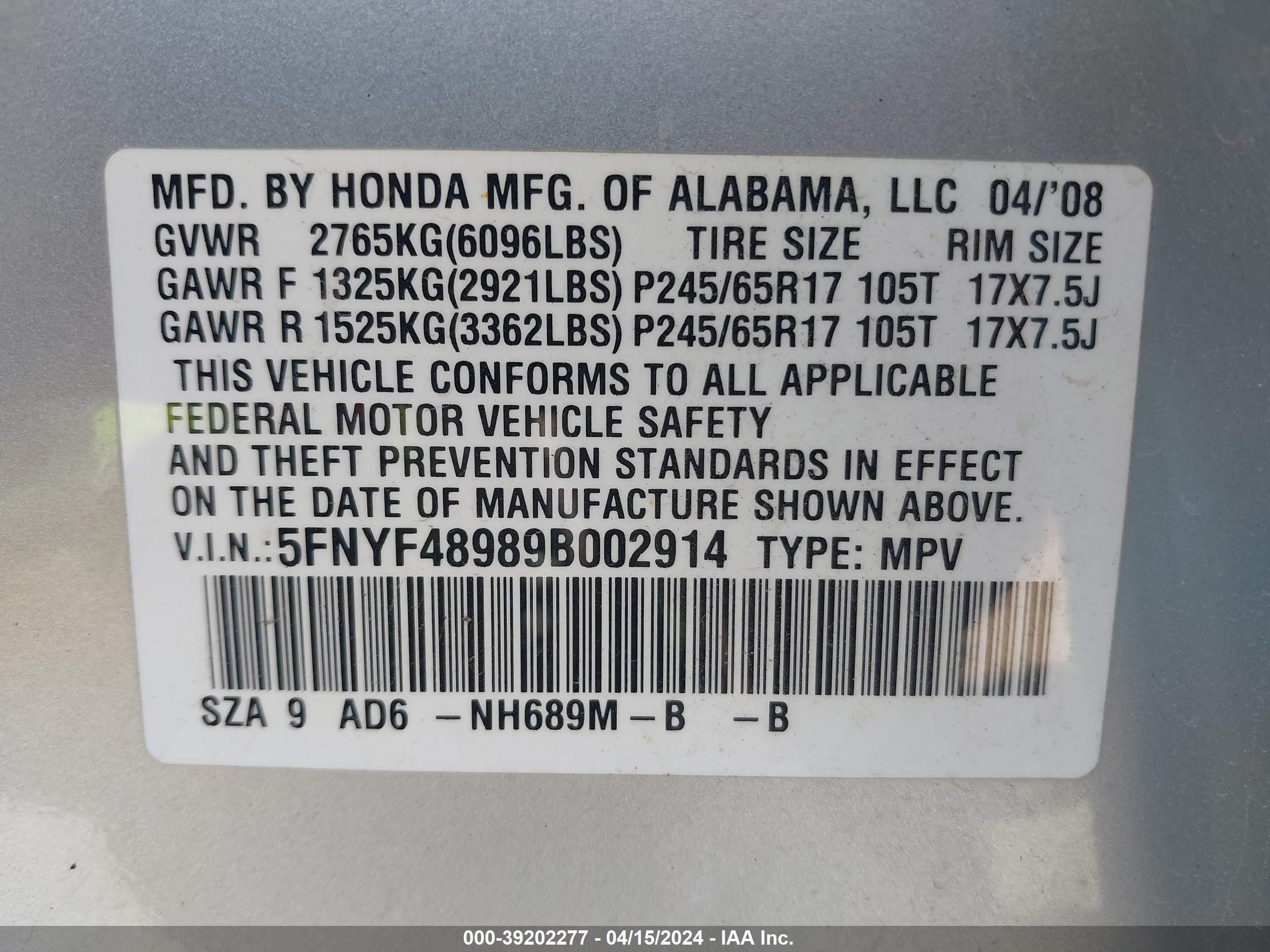 Photo 8 VIN: 5FNYF48989B002914 - HONDA PILOT 