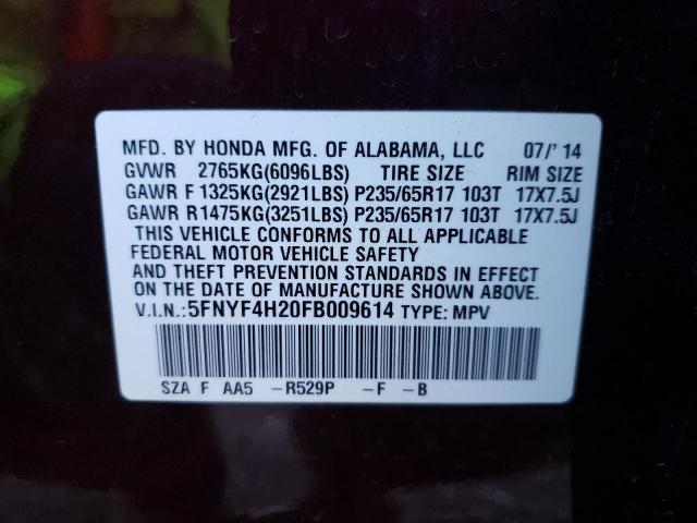 Photo 9 VIN: 5FNYF4H20FB009614 - HONDA PILOT LX 