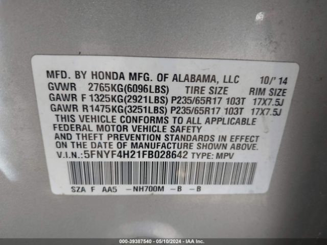 Photo 8 VIN: 5FNYF4H21FB028642 - HONDA PILOT 