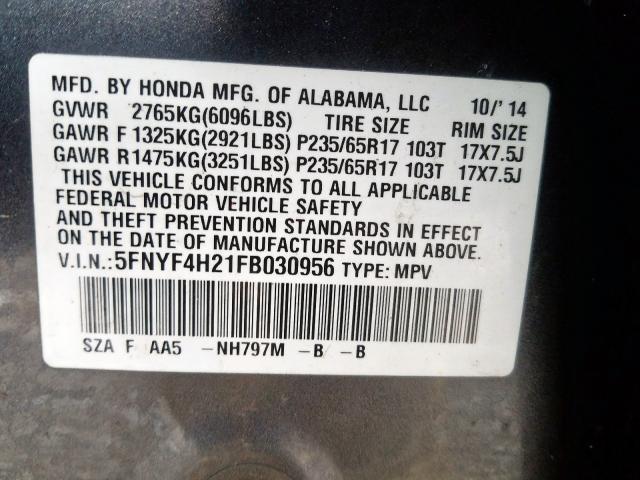 Photo 9 VIN: 5FNYF4H21FB030956 - HONDA PILOT LX 