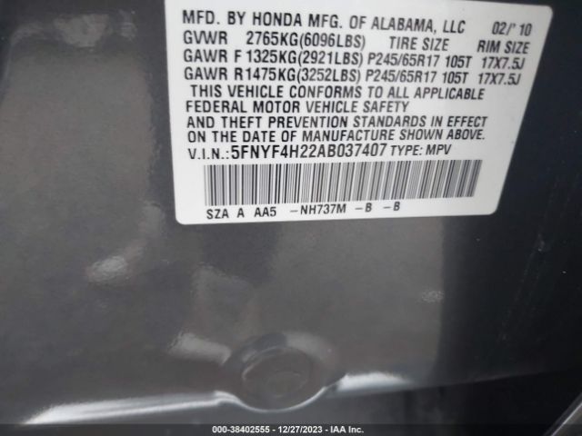 Photo 8 VIN: 5FNYF4H22AB037407 - HONDA PILOT 