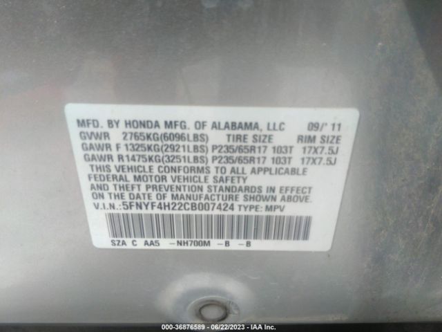 Photo 8 VIN: 5FNYF4H22CB007424 - HONDA PILOT 