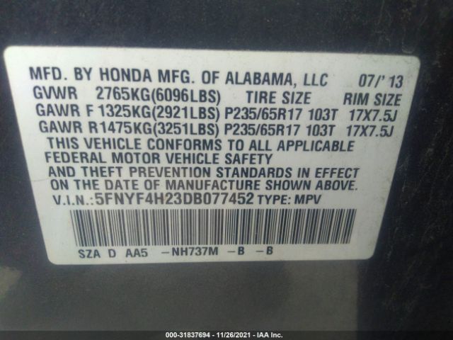 Photo 8 VIN: 5FNYF4H23DB077452 - HONDA PILOT 