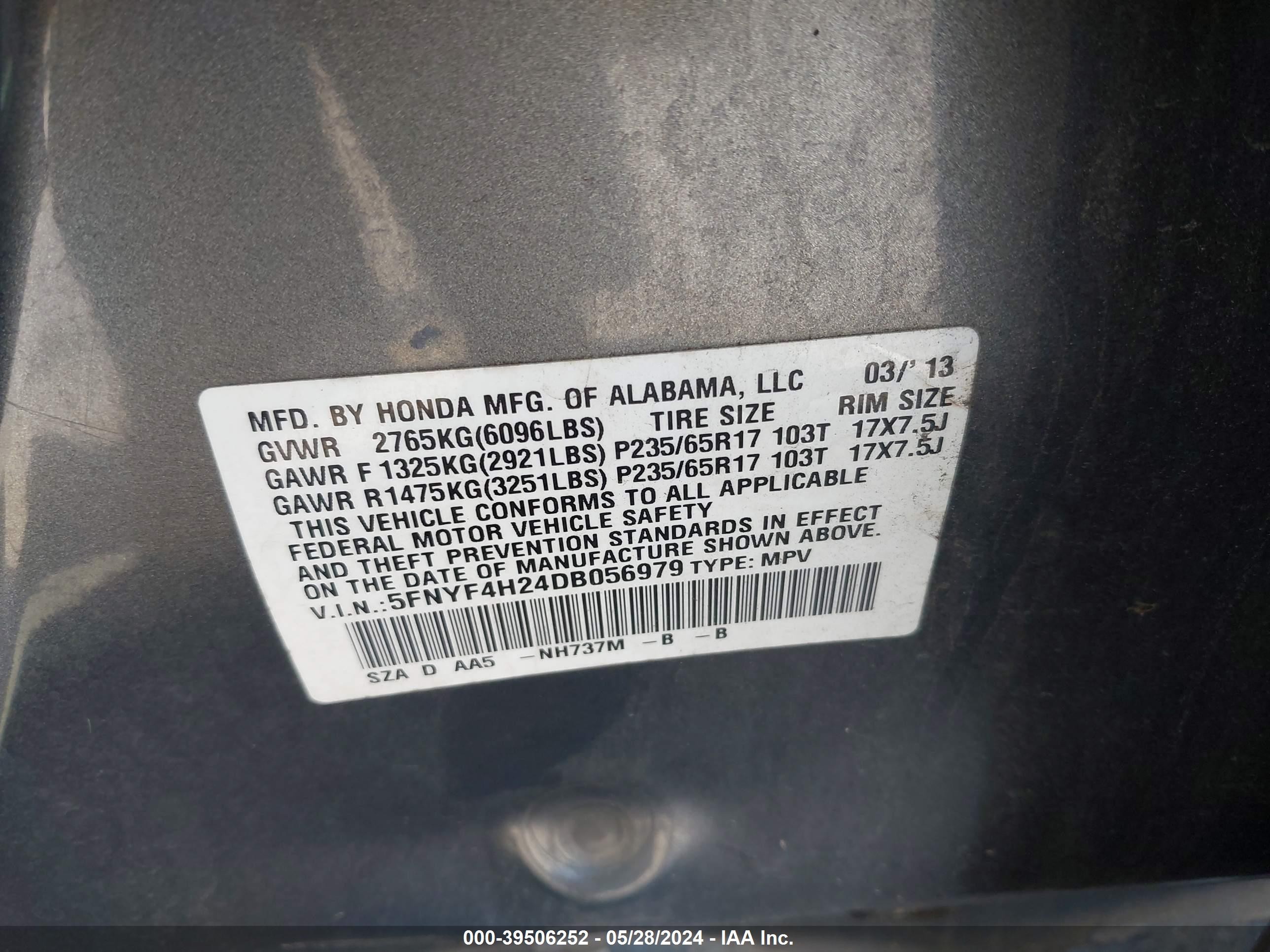 Photo 8 VIN: 5FNYF4H24DB056979 - HONDA PILOT 