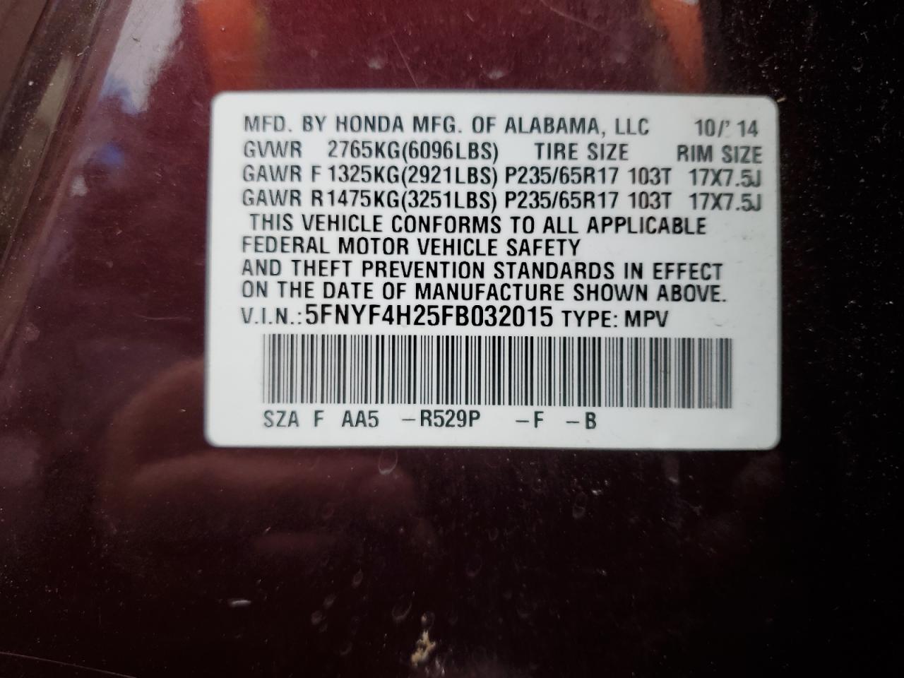 Photo 12 VIN: 5FNYF4H25FB032015 - HONDA PILOT 