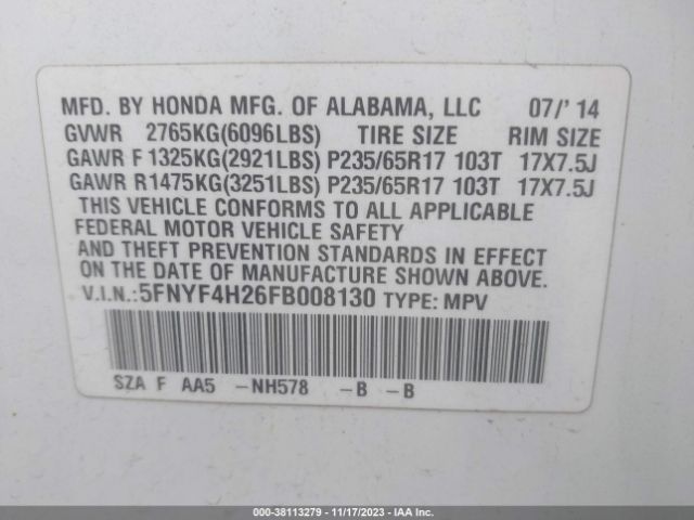 Photo 8 VIN: 5FNYF4H26FB008130 - HONDA PILOT 