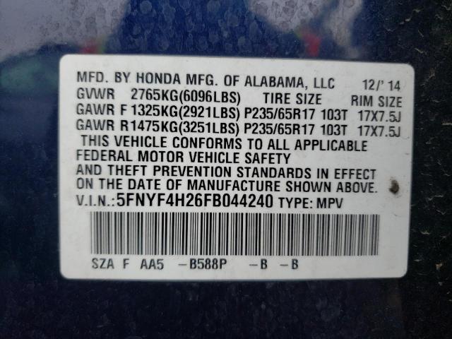 Photo 9 VIN: 5FNYF4H26FB044240 - HONDA PILOT 