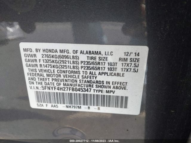 Photo 8 VIN: 5FNYF4H27FB045347 - HONDA PILOT 