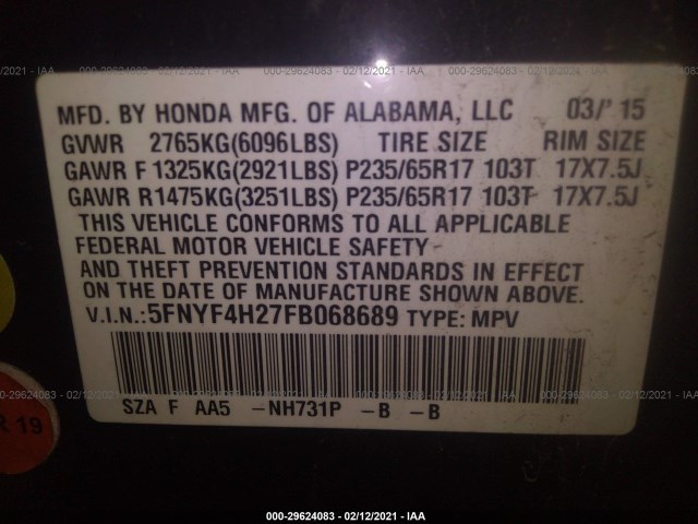 Photo 8 VIN: 5FNYF4H27FB068689 - HONDA PILOT 