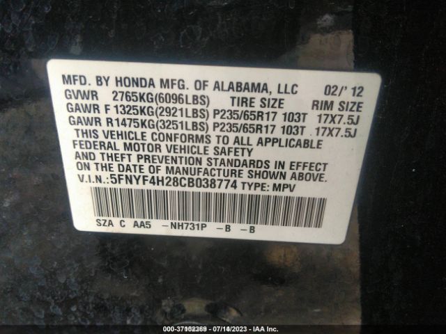 Photo 8 VIN: 5FNYF4H28CB038774 - HONDA PILOT 