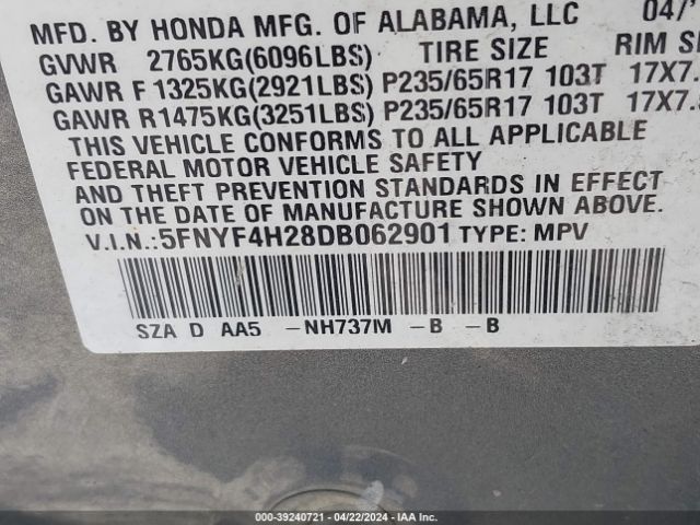 Photo 8 VIN: 5FNYF4H28DB062901 - HONDA PILOT 