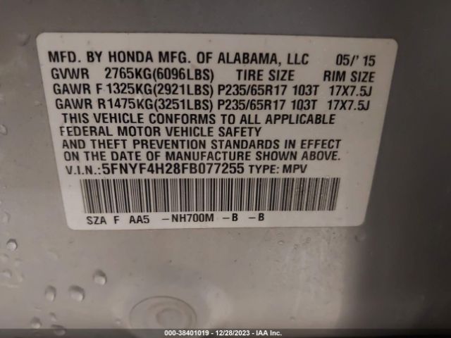 Photo 8 VIN: 5FNYF4H28FB077255 - HONDA PILOT 