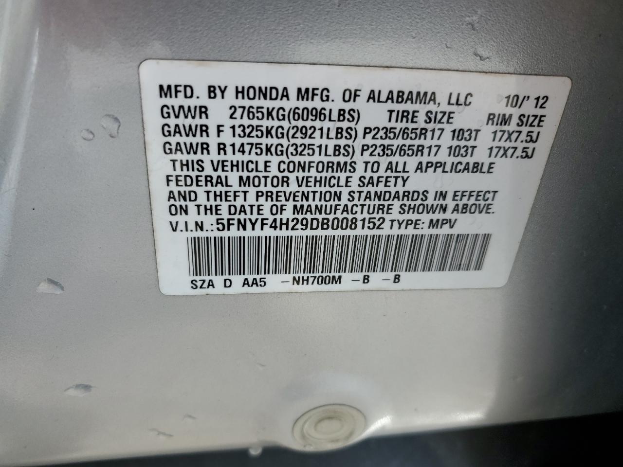 Photo 12 VIN: 5FNYF4H29DB008152 - HONDA PILOT 