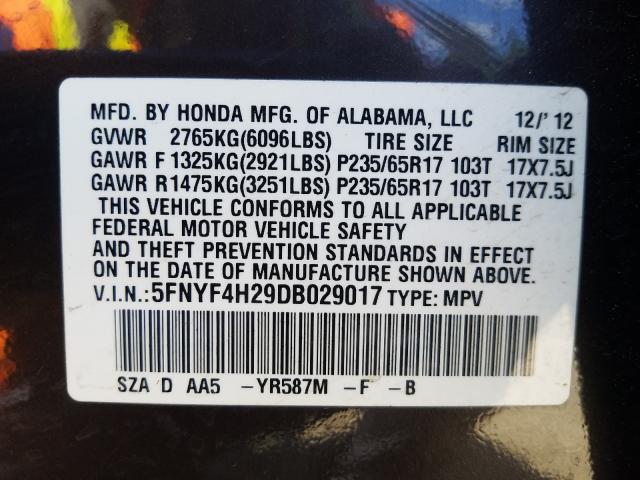 Photo 9 VIN: 5FNYF4H29DB029017 - HONDA PILOT LX 