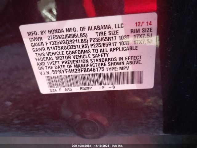 Photo 8 VIN: 5FNYF4H29FB046175 - HONDA PILOT 