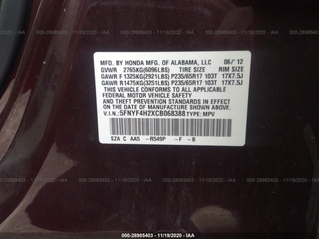 Photo 8 VIN: 5FNYF4H2XCB068388 - HONDA PILOT 