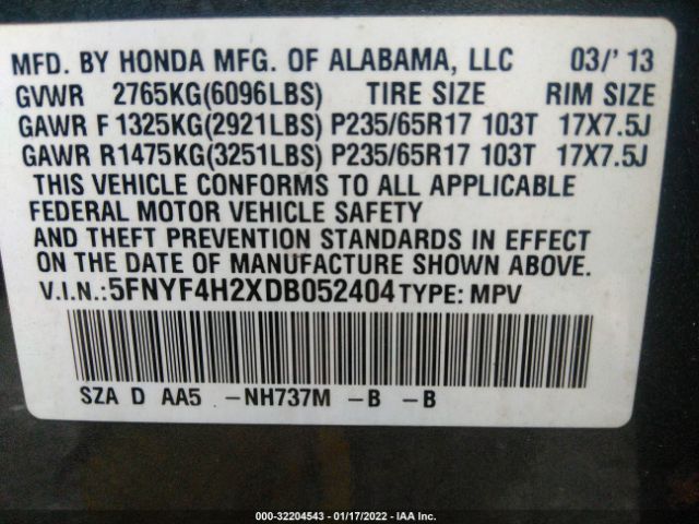 Photo 8 VIN: 5FNYF4H2XDB052404 - HONDA PILOT 