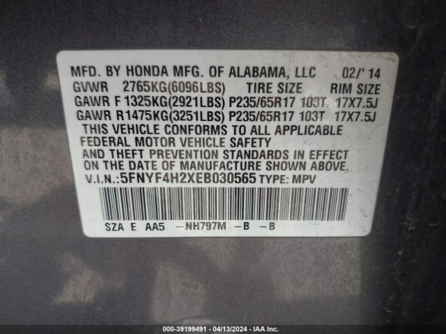 Photo 8 VIN: 5FNYF4H2XEB030565 - HONDA PILOT 