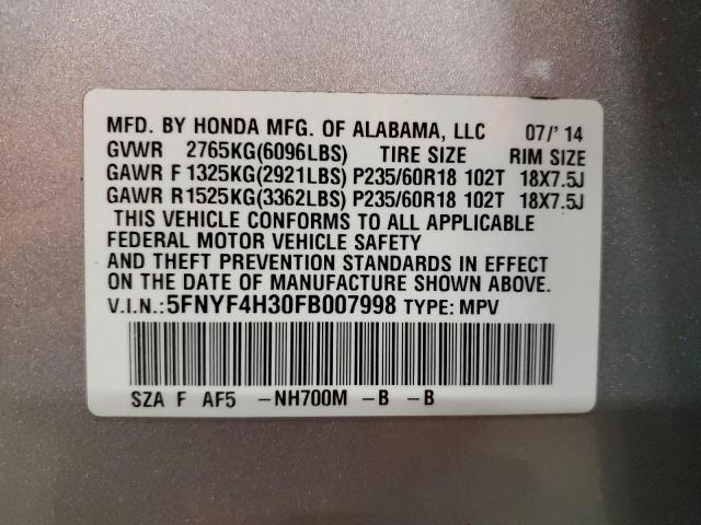 Photo 12 VIN: 5FNYF4H30FB007998 - HONDA PILOT SE 