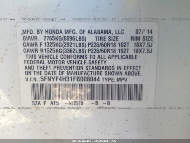 Photo 8 VIN: 5FNYF4H31FB008044 - HONDA PILOT 