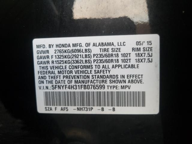 Photo 9 VIN: 5FNYF4H31FB076599 - HONDA PILOT SE 