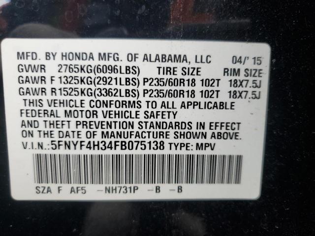 Photo 12 VIN: 5FNYF4H34FB075138 - HONDA PILOT SE 