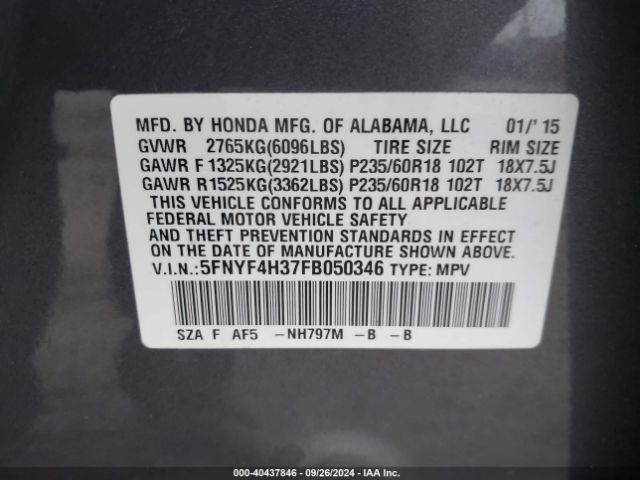 Photo 8 VIN: 5FNYF4H37FB050346 - HONDA PILOT 