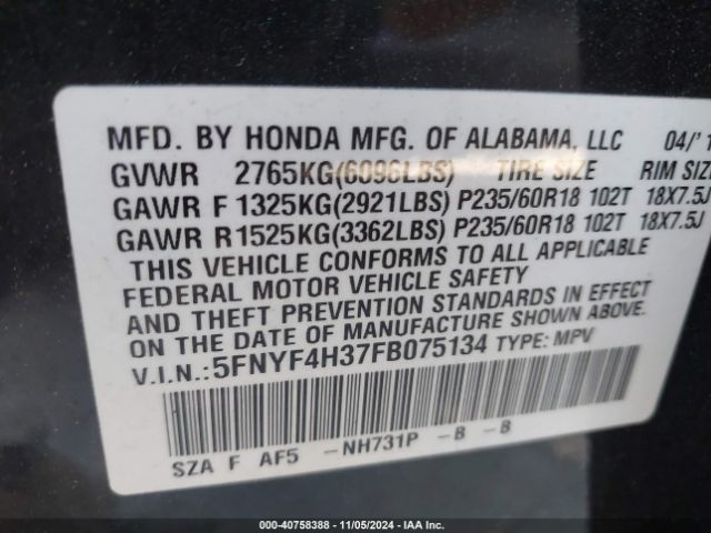 Photo 8 VIN: 5FNYF4H37FB075134 - HONDA PILOT 