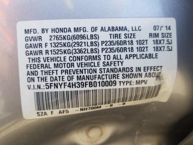 Photo 9 VIN: 5FNYF4H39FB010009 - HONDA PILOT SE 