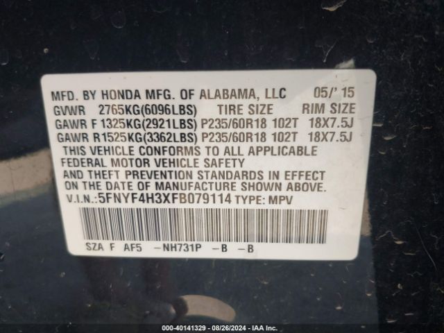 Photo 8 VIN: 5FNYF4H3XFB079114 - HONDA PILOT 