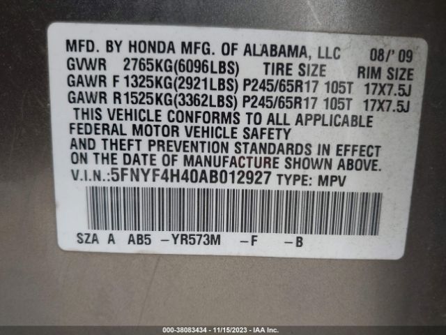 Photo 8 VIN: 5FNYF4H40AB012927 - HONDA PILOT 