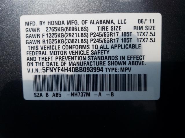 Photo 9 VIN: 5FNYF4H40BB093994 - HONDA PILOT EX 