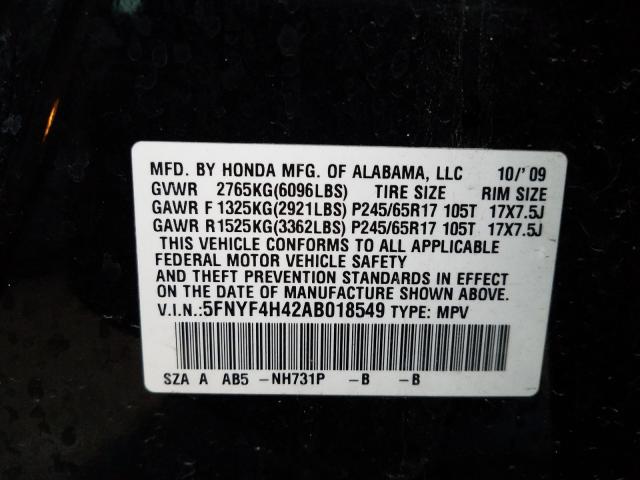 Photo 9 VIN: 5FNYF4H42AB018549 - HONDA PILOT EX 