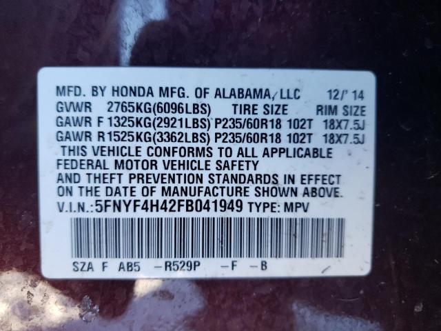 Photo 11 VIN: 5FNYF4H42FB041949 - HONDA PILOT EX 