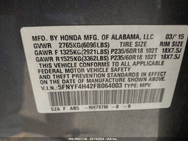 Photo 8 VIN: 5FNYF4H42FB064003 - HONDA PILOT 