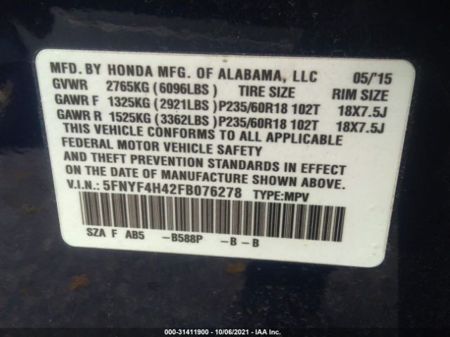 Photo 8 VIN: 5FNYF4H42FB076278 - HONDA PILOT 