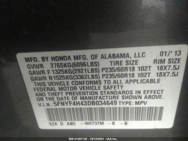 Photo 8 VIN: 5FNYF4H43DB034649 - HONDA PILOT 