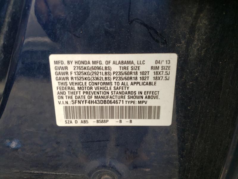 Photo 9 VIN: 5FNYF4H43DB064671 - HONDA PILOT EX 