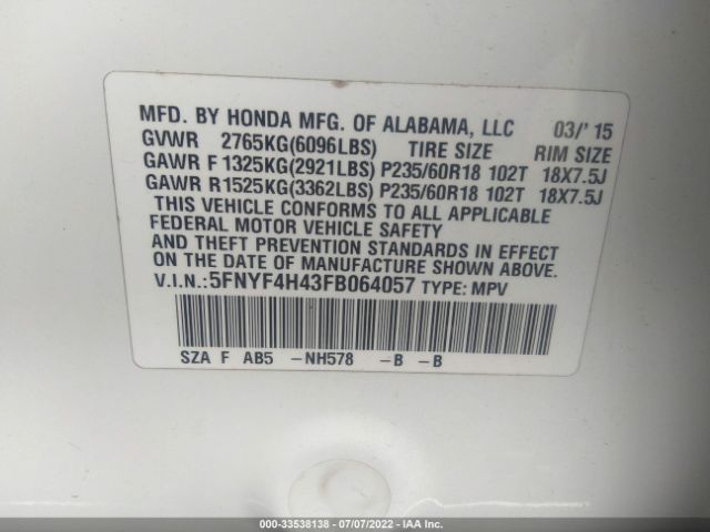 Photo 8 VIN: 5FNYF4H43FB064057 - HONDA PILOT 